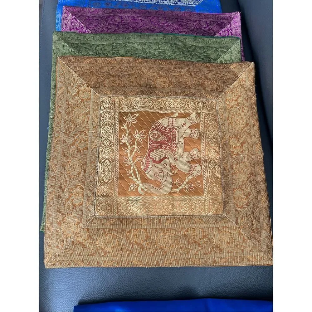 5 Indian Elephant Madhubani Style Silk Pillow Covers